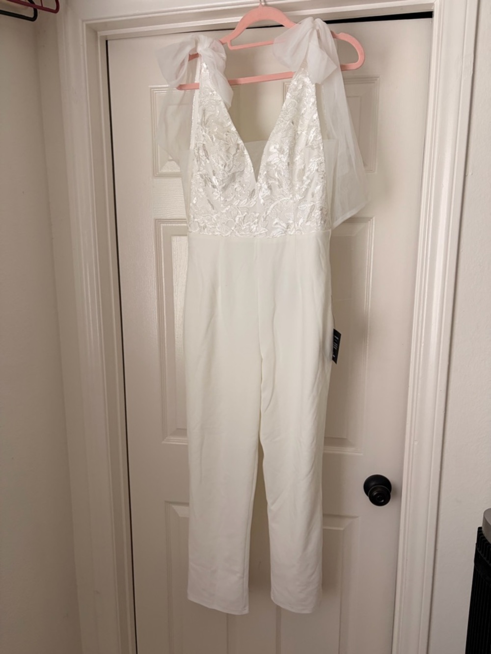 Lulus White Lace Bodice Jumpsuit with Tulle Shoulder Ties